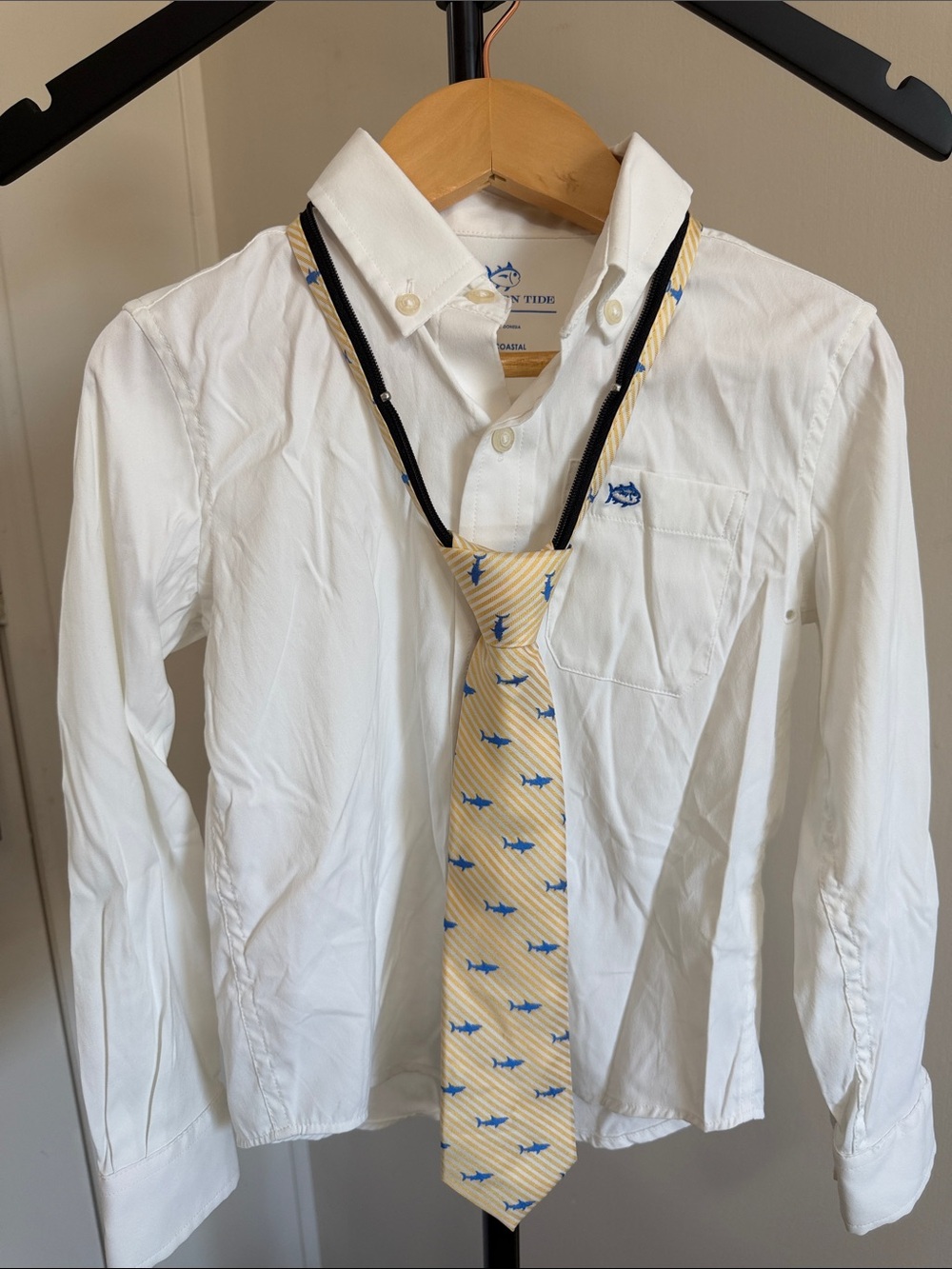Southern Tide White Button-Down Dress Shirt with Shark Tie